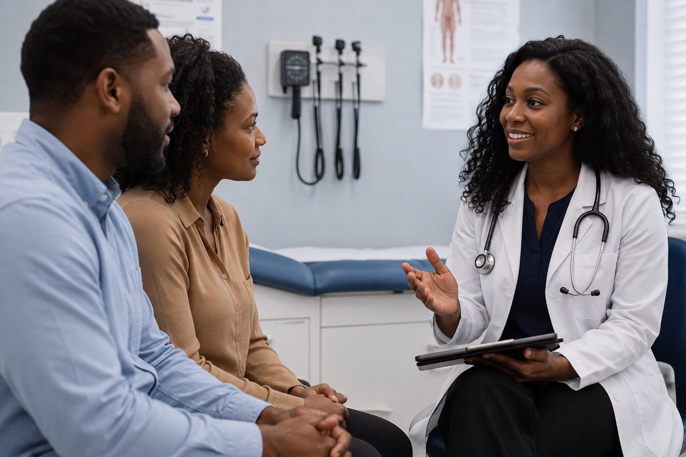 A doctor holding a tablet explains something to a couple in a clinic room