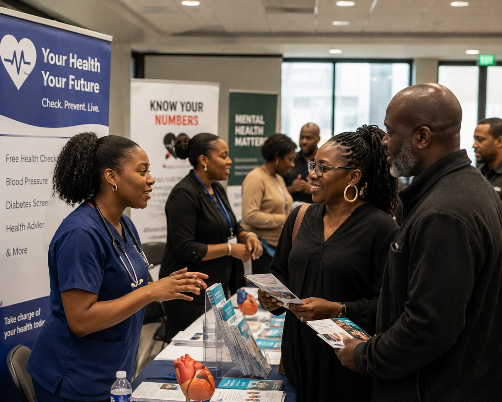 A nurse at a community health fair stall talking with two visitors holding leaflets