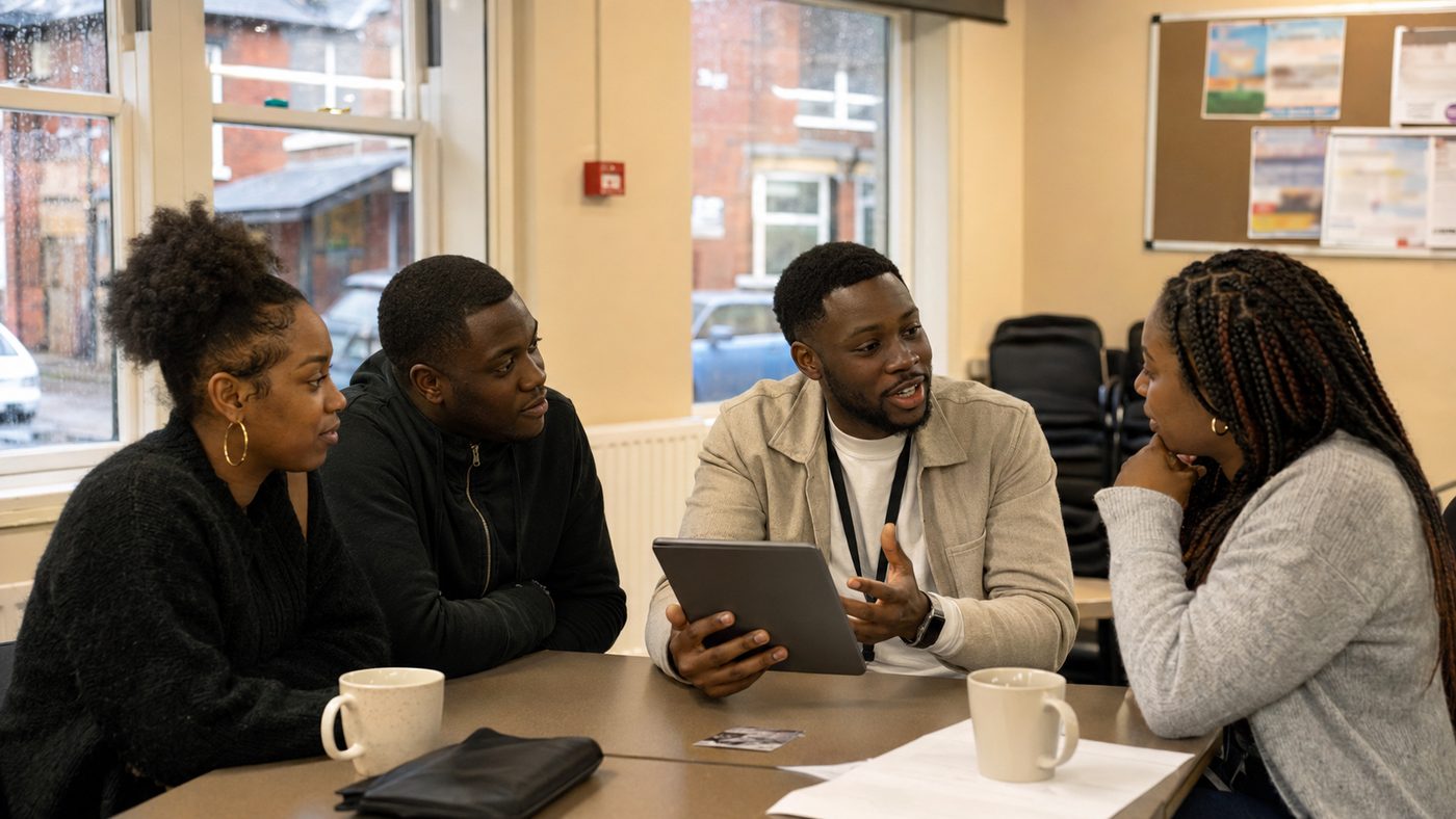 Four people around a table in a community room, one showing the others a tablet
